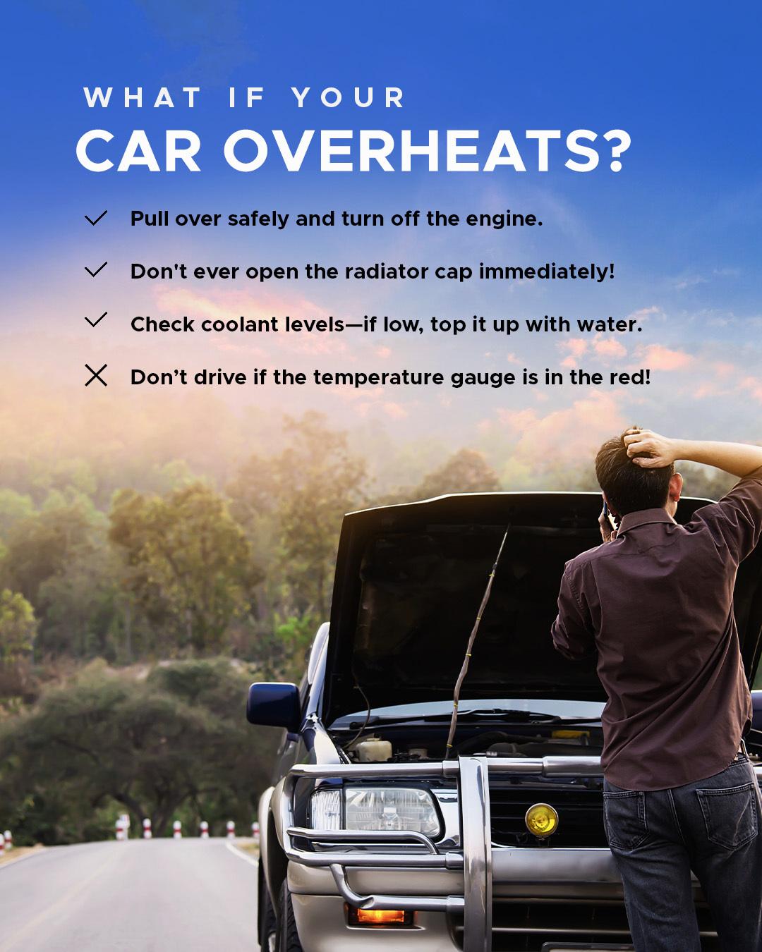 Car engine overheating with cooling system components and temperature gauge warning
